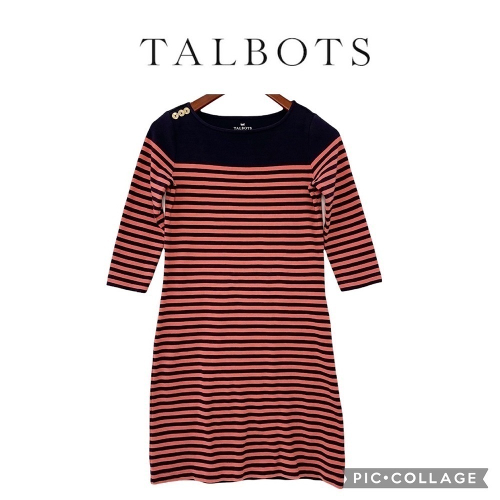 Talbots nautical 3/4 sleeves shift dress navy blue / coral stripes
